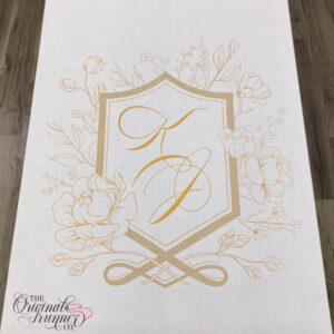 Delicate golden monogram intertwined with hand-painted roses, the epitome of floral elegance. Custom aisle runner for a uniquely beautiful wedding statement. Accents in champagne gold to create depth. Stunning calligraphy traditional 2 letter monogram. "K&J" wedding logo.