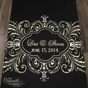 Step into the past with this vintage-inspired design that spans the width of your aisle runner. Delicate heart details add a touch of romance, while the elegant script showcases your names and wedding date. Fancy flourishes and stylish embellishments are hand-painted in white on a striking caviar black wedding aisle runner, creating a timeless and sophisticated look. wedding monogram.