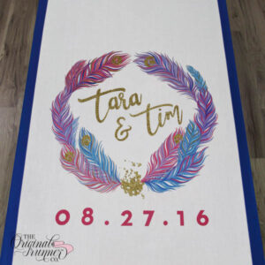 Add a touch of playful vibrancy to your wedding aisle with this stunning multicolored hand-painted peacock feather design. Featuring shades of blue, pink, and purple, the feathers gracefully encircle glittered names, creating a vibrant and eye-catching wedding logo.