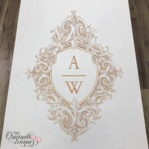 Embark on a twist of our most popular aisle runner design, seamlessly blending an ornate and intricate interflowing crest with stunning hatching for added depth – a true three-dimensional masterpiece. The infusion of the original antique crest with the client's modern shield monogram adds a unique touch of heritage and contemporary style. Perfect for any custom two-tone gold wedding aisle runner that exudes timeless elegance. "AW" Wedding logo.