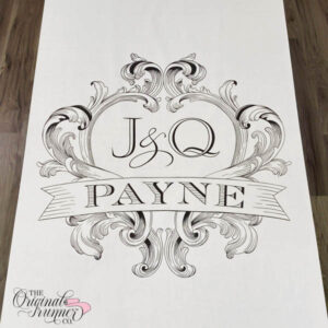 A modern take on vintage design, this monogram features super clean line work showcasing a vintage frame artfully painted in black by our skilled artist. A true statement piece, you can add your new last name, surname, or wedding date in the beautifully ribbon banner across the front of the design. The frame itself has the feel of an antique wooden carved heart, making it a personalized and unique addition to your wedding aisle runner. "J&Q"Wedding logo.