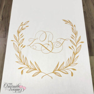Enhance your wedding aisle with the timeless beauty of a gold wreath, delicately adorned with leaves and flower buds. This elegant design encircles a sophisticated three-letter monogram, creating a captivating focal point on your wedding aisle runner. "ZBT" wedding logo.